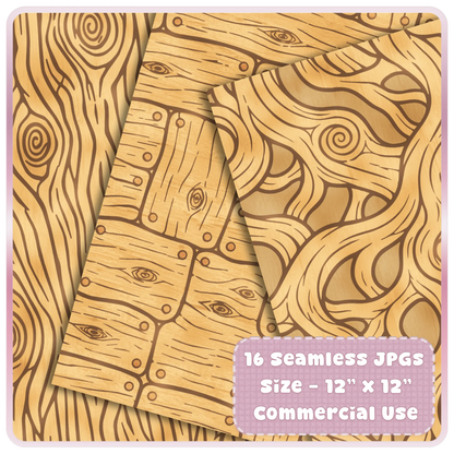 Fairytale wood digital paper mockup showing golden rustic planks, leafy carved woodgrain, and seamless woodland scrapbook patterns.