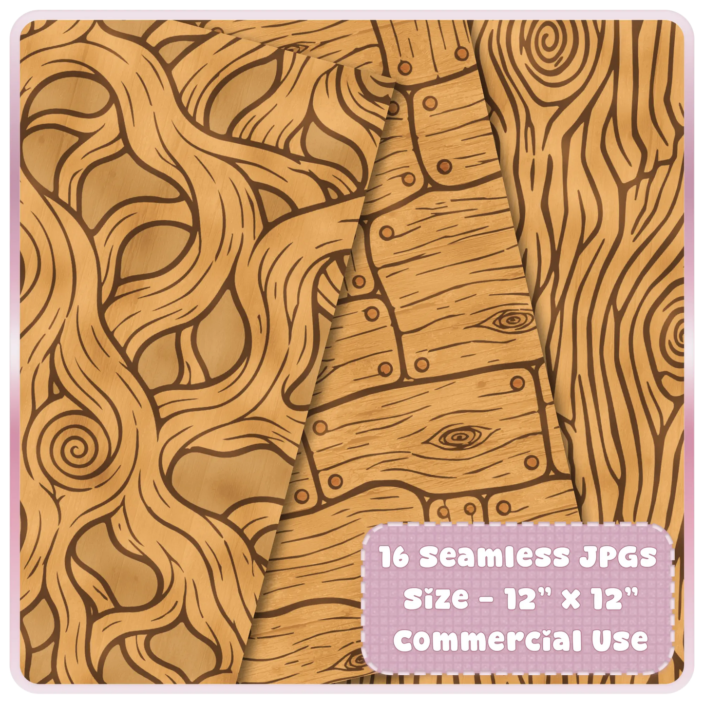 Golden woodland seamless digital papers with carved leaf shapes, rustic plank texture, spiral knots, and fairytale woodgrain designs.
