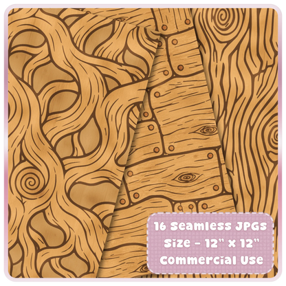 Golden woodland seamless digital papers with carved leaf shapes, rustic plank texture, spiral knots, and fairytale woodgrain designs.
