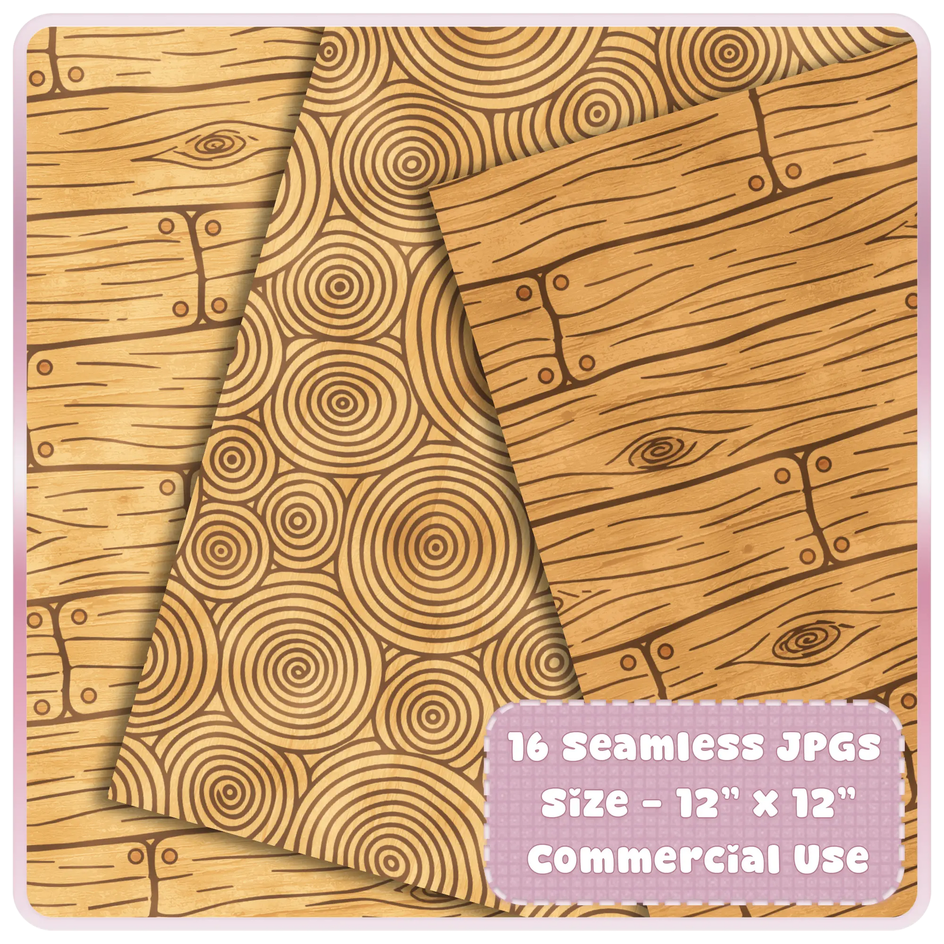 Seamless golden woodgrain paper preview featuring circular tree ring patterns, rustic wooden planks, and fairytale woodland textures.