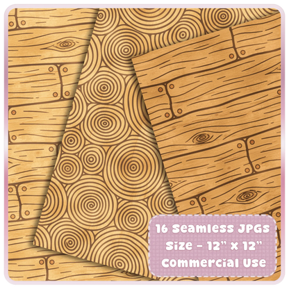 Seamless golden woodgrain paper preview featuring circular tree ring patterns, rustic wooden planks, and fairytale woodland textures.