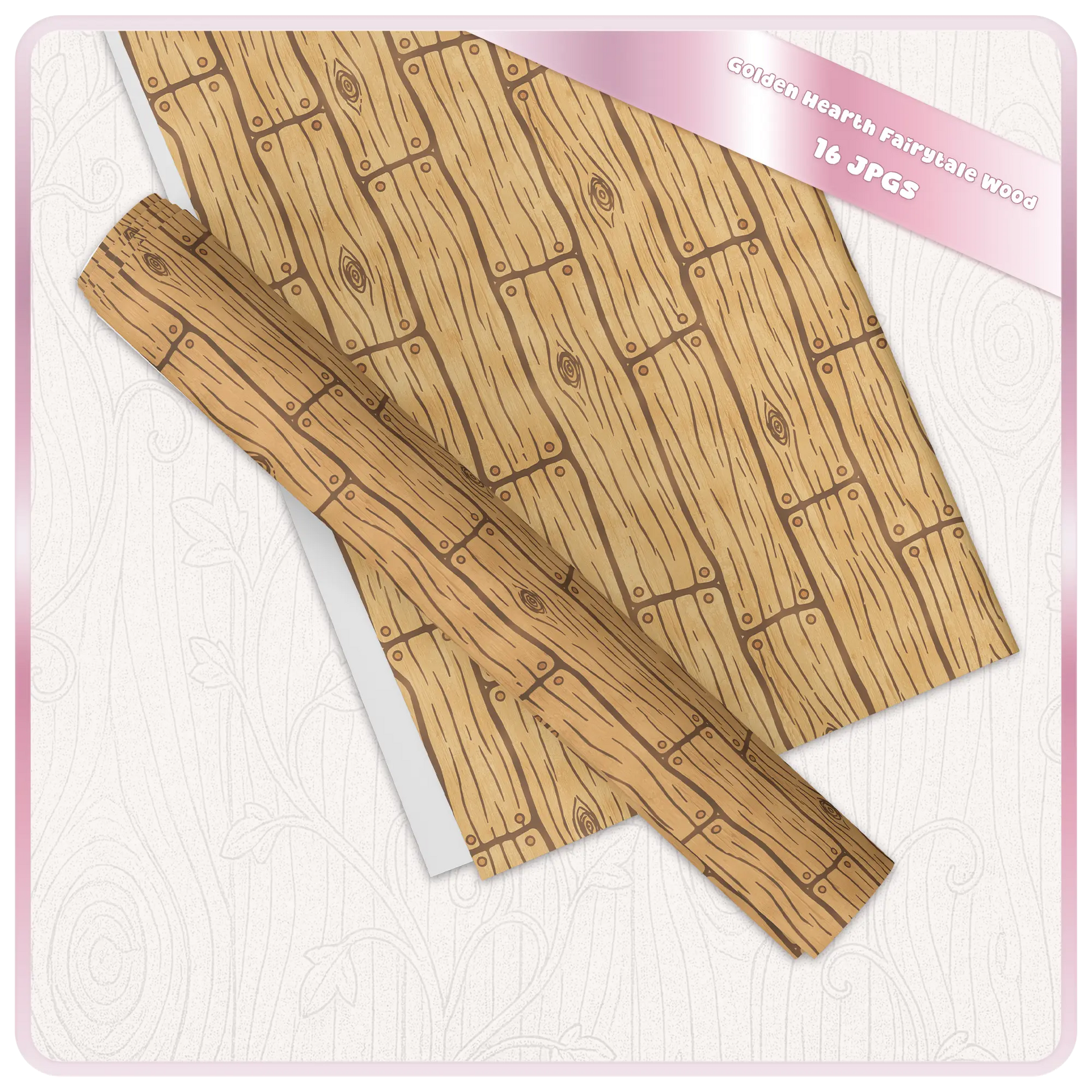 Printable fairytale wood digital paper mockup with golden rustic plank pattern, seamless woodgrain texture, and woodland craft background.