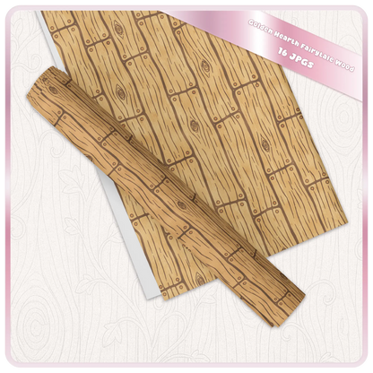 Printable fairytale wood digital paper mockup with golden rustic plank pattern, seamless woodgrain texture, and woodland craft background.