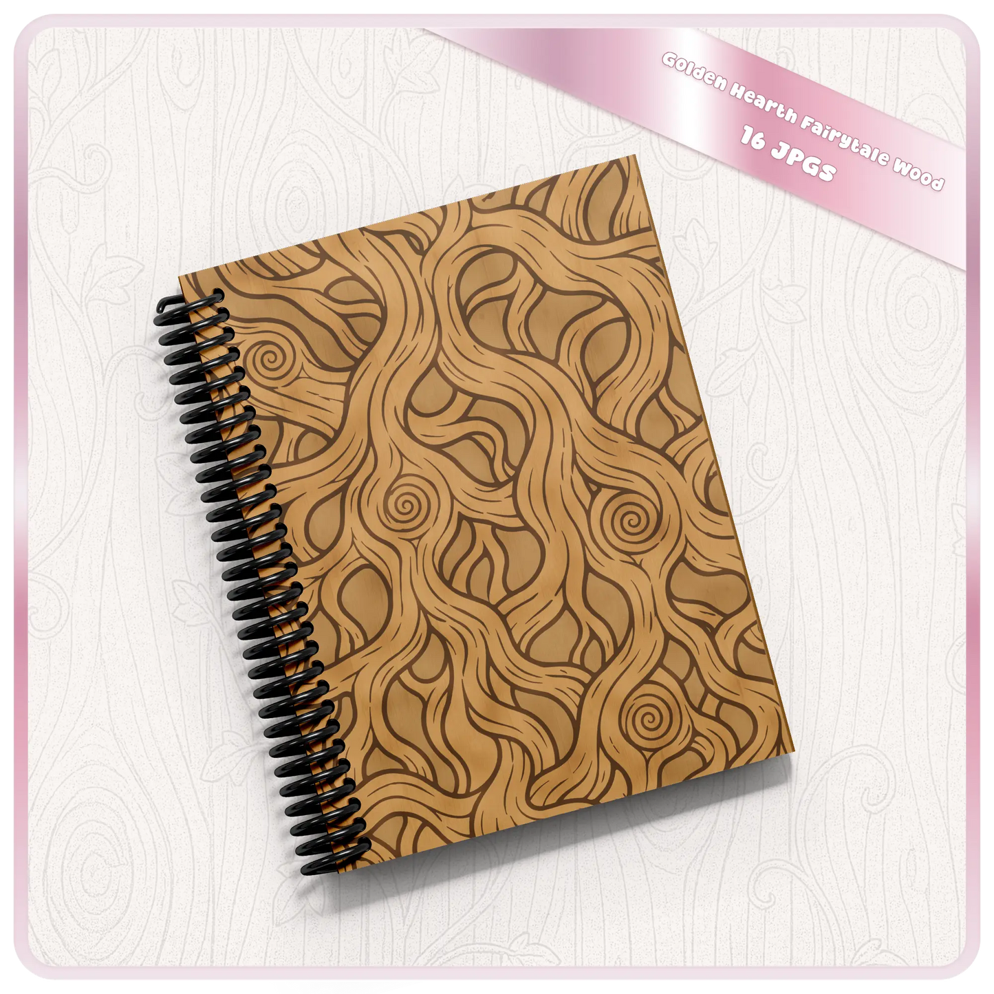 Spiral notebook mockup with golden fairytale wood seamless pattern featuring carved leaf details, swirl knots, and rustic woodland texture.