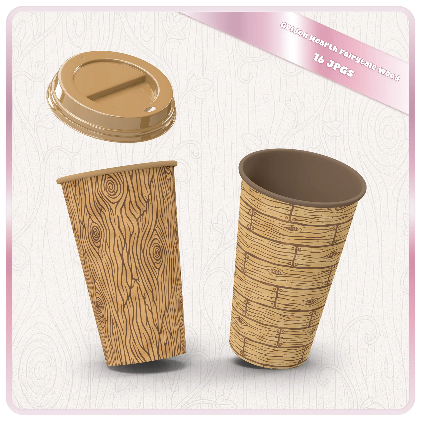 Product mockup showing fairytale wood seamless patterns on paper cups with golden woodgrain, rustic plank, and carved woodland designs.