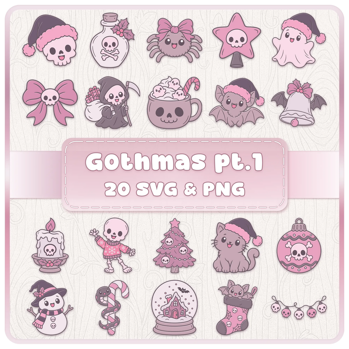 Gothmas Part One Gothic Christmas SVG and PNG clipart bundle featuring 20 cute pastel goth designs including skulls, ghosts, bats and festive decorations.