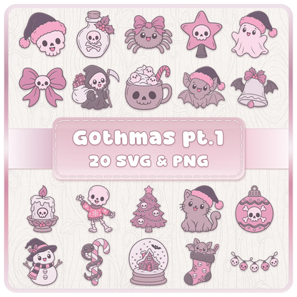 Gothmas Part One Gothic Christmas SVG and PNG clipart bundle featuring 20 cute pastel goth designs including skulls, ghosts, bats and festive decorations.