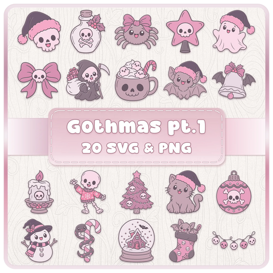 Gothmas Part One Gothic Christmas SVG and PNG clipart bundle featuring 20 cute pastel goth designs including skulls, ghosts, bats and festive decorations.