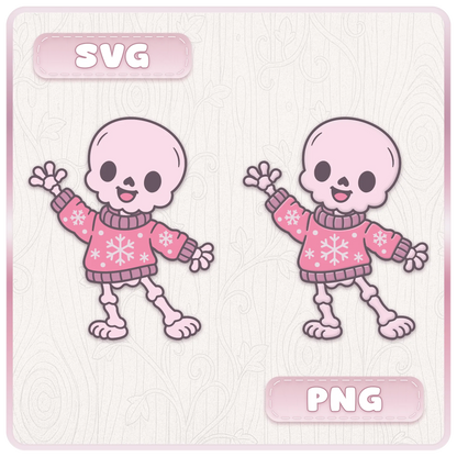 Cute Christmas skeleton wearing a pink snowflake jumper shown as an SVG and PNG design from the Gothmas Gothic Christmas digital clipart bundle.