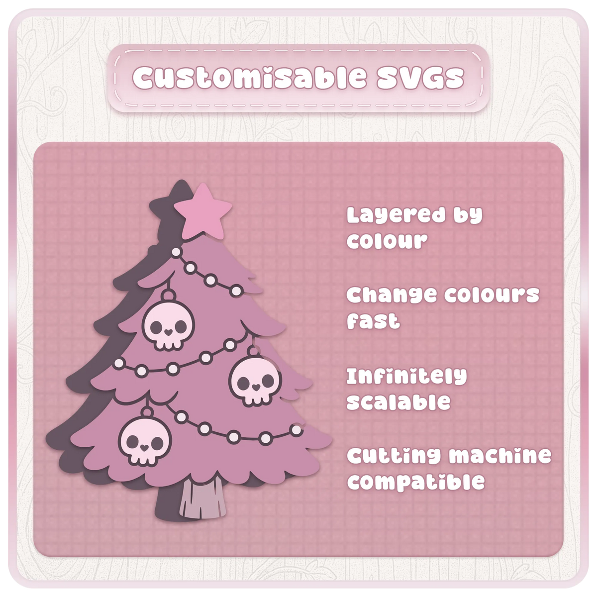 Customisable Gothic Christmas tree SVG with pink skull ornaments demonstrating layered colours, scalable vector graphics and cutting machine compatibility.