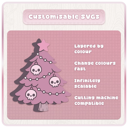 Customisable Gothic Christmas tree SVG with pink skull ornaments demonstrating layered colours, scalable vector graphics and cutting machine compatibility.