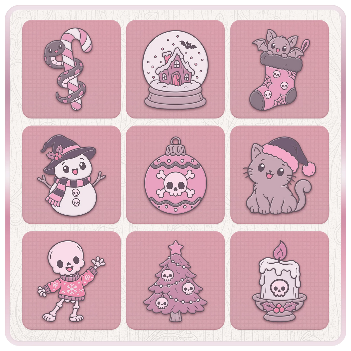 Nine cute Gothic Christmas clipart designs featuring a snake candy cane, haunted snow globe, Christmas bat, witch snowman, skull bauble and pastel goth Christmas tree.