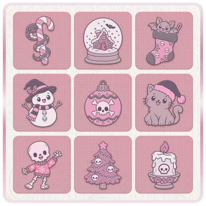 Nine cute Gothic Christmas clipart designs featuring a snake candy cane, haunted snow globe, Christmas bat, witch snowman, skull bauble and pastel goth Christmas tree.