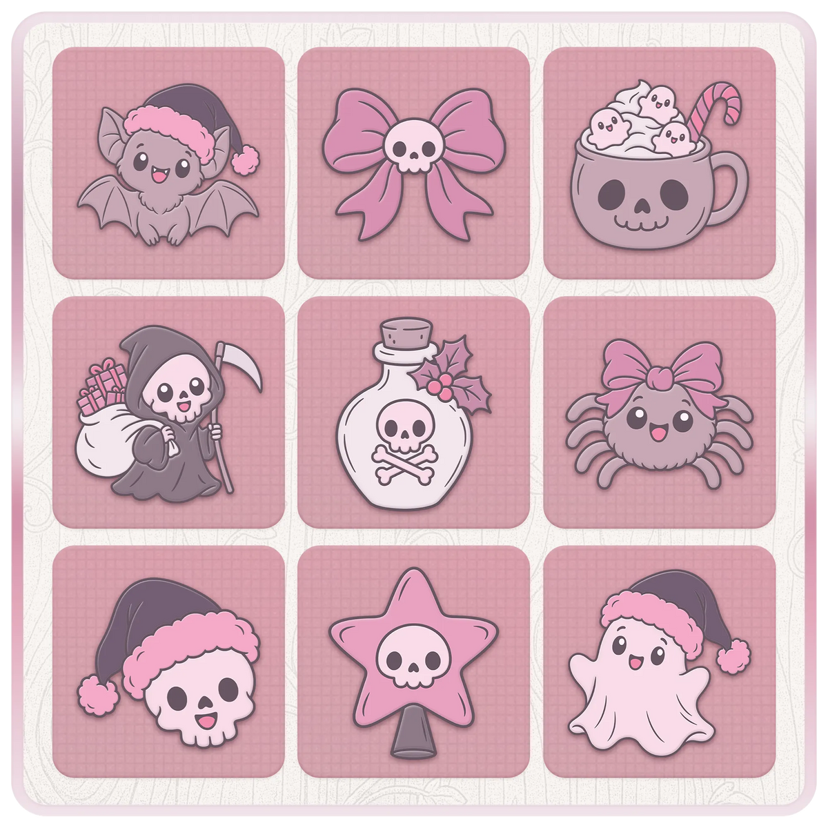 Nine pastel goth Christmas SVG and PNG designs including a Santa bat, skull bow, ghost hot chocolate mug, Grim Reaper, potion bottle, spider and festive ghost.