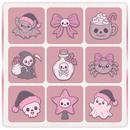 Nine pastel goth Christmas SVG and PNG designs including a Santa bat, skull bow, ghost hot chocolate mug, Grim Reaper, potion bottle, spider and festive ghost.