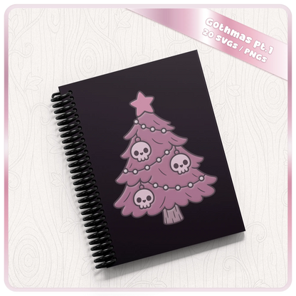 Pink Gothic Christmas tree with skull baubles displayed on a black spiral notebook, showcasing a cute pastel goth Christmas SVG design for personalised crafts.