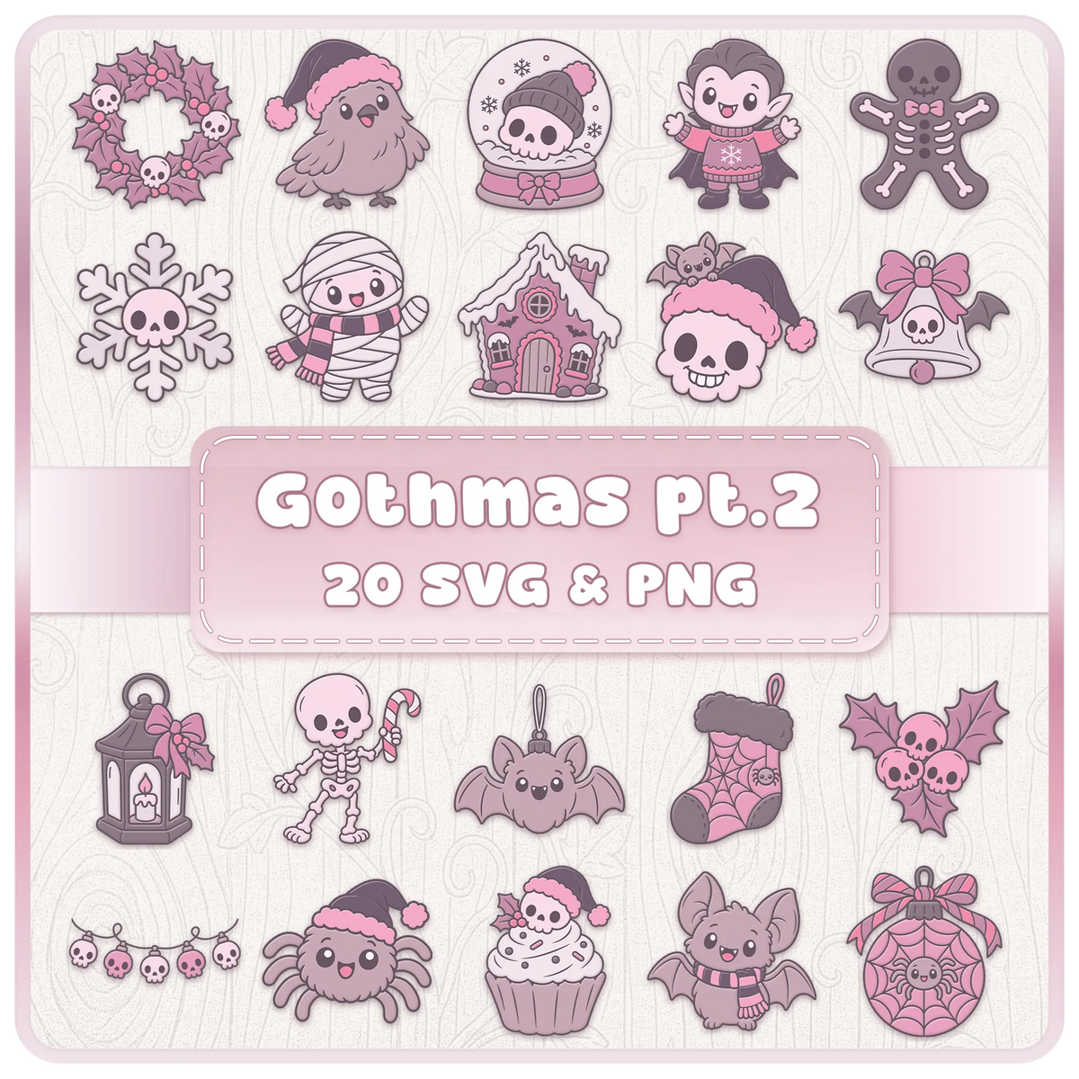 Gothmas Part Two SVG and PNG bundle featuring 20 cute gothic Christmas clipart designs with skulls, skeletons, bats and spooky festive decorations.