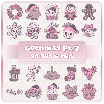Gothmas Part Two SVG and PNG bundle featuring 20 cute gothic Christmas clipart designs with skulls, skeletons, bats and spooky festive decorations.