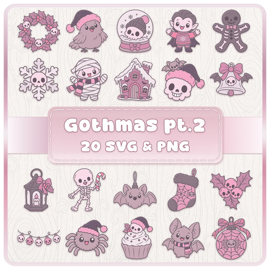 Gothmas Part Two SVG and PNG bundle featuring 20 cute gothic Christmas clipart designs with skulls, skeletons, bats and spooky festive decorations.