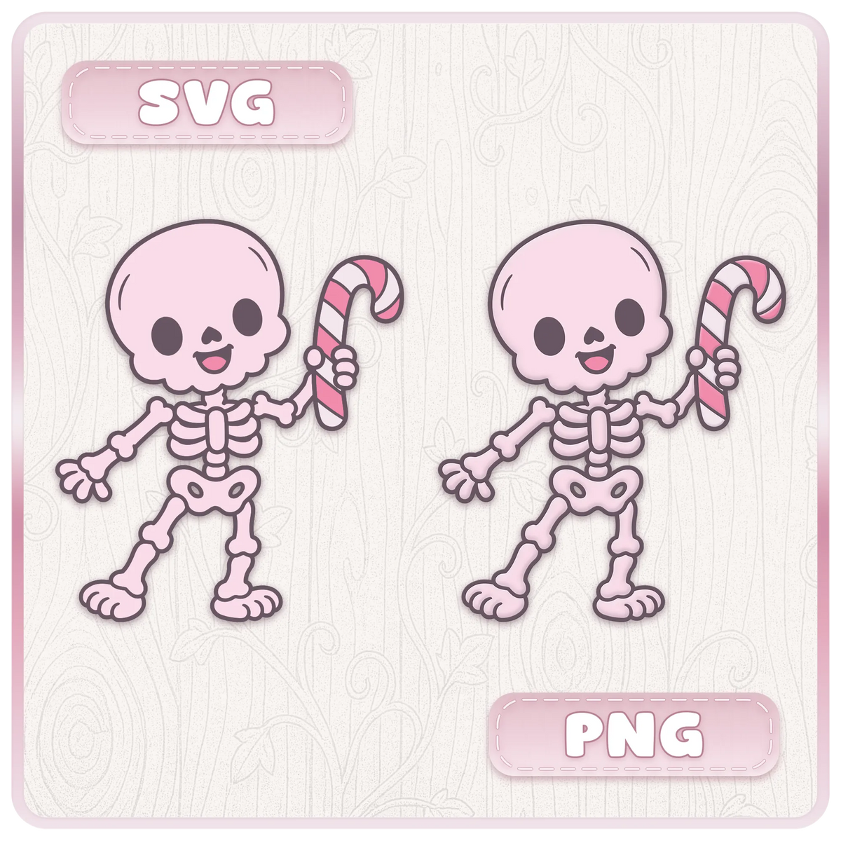 Cute Christmas skeleton holding a candy cane, shown as SVG and PNG examples from the Gothmas gothic Christmas digital clipart bundle.