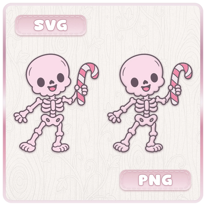 Cute Christmas skeleton holding a candy cane, shown as SVG and PNG examples from the Gothmas gothic Christmas digital clipart bundle.