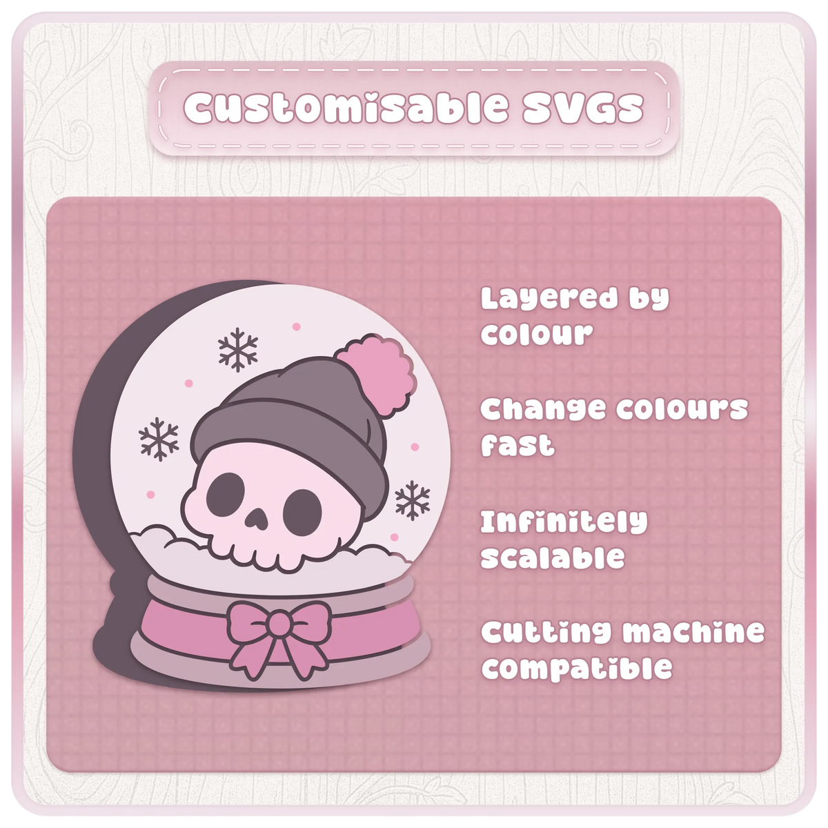 Layered gothic Christmas SVG snow globe featuring a cute skull in a winter hat, with editable colours for Cricut and Silhouette craft projects.