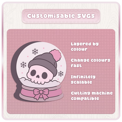 Layered gothic Christmas SVG snow globe featuring a cute skull in a winter hat, with editable colours for Cricut and Silhouette craft projects.