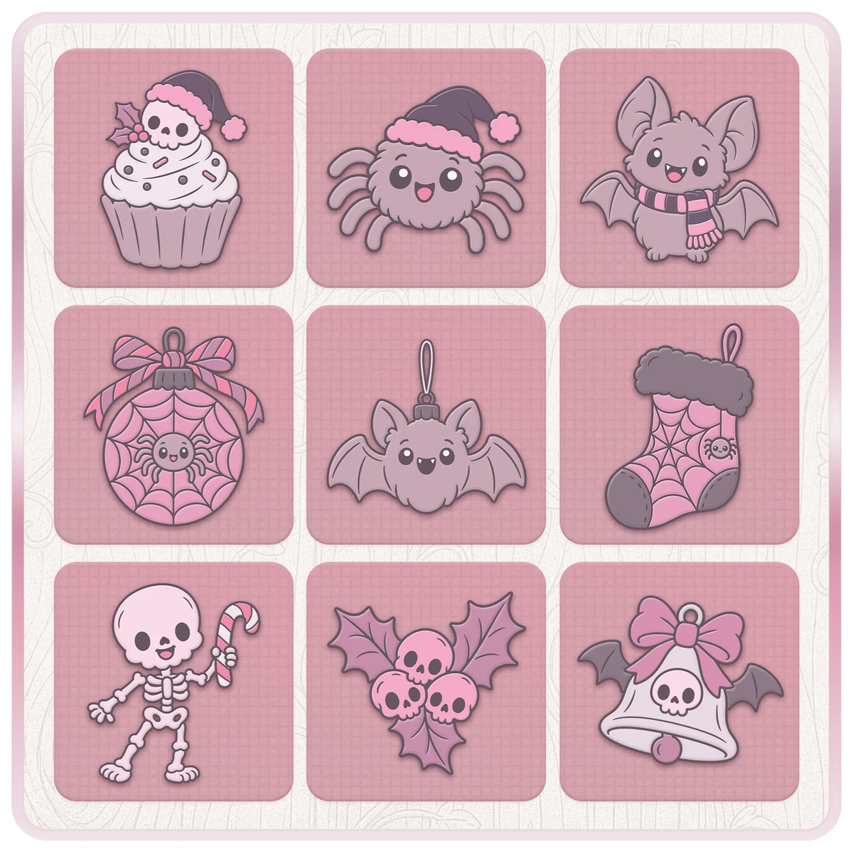 Nine cute Gothmas SVG and PNG designs including Christmas bats, spider web ornaments, gothic stockings, skeletons and spooky holiday decorations.