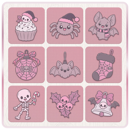 Nine cute Gothmas SVG and PNG designs including Christmas bats, spider web ornaments, gothic stockings, skeletons and spooky holiday decorations.