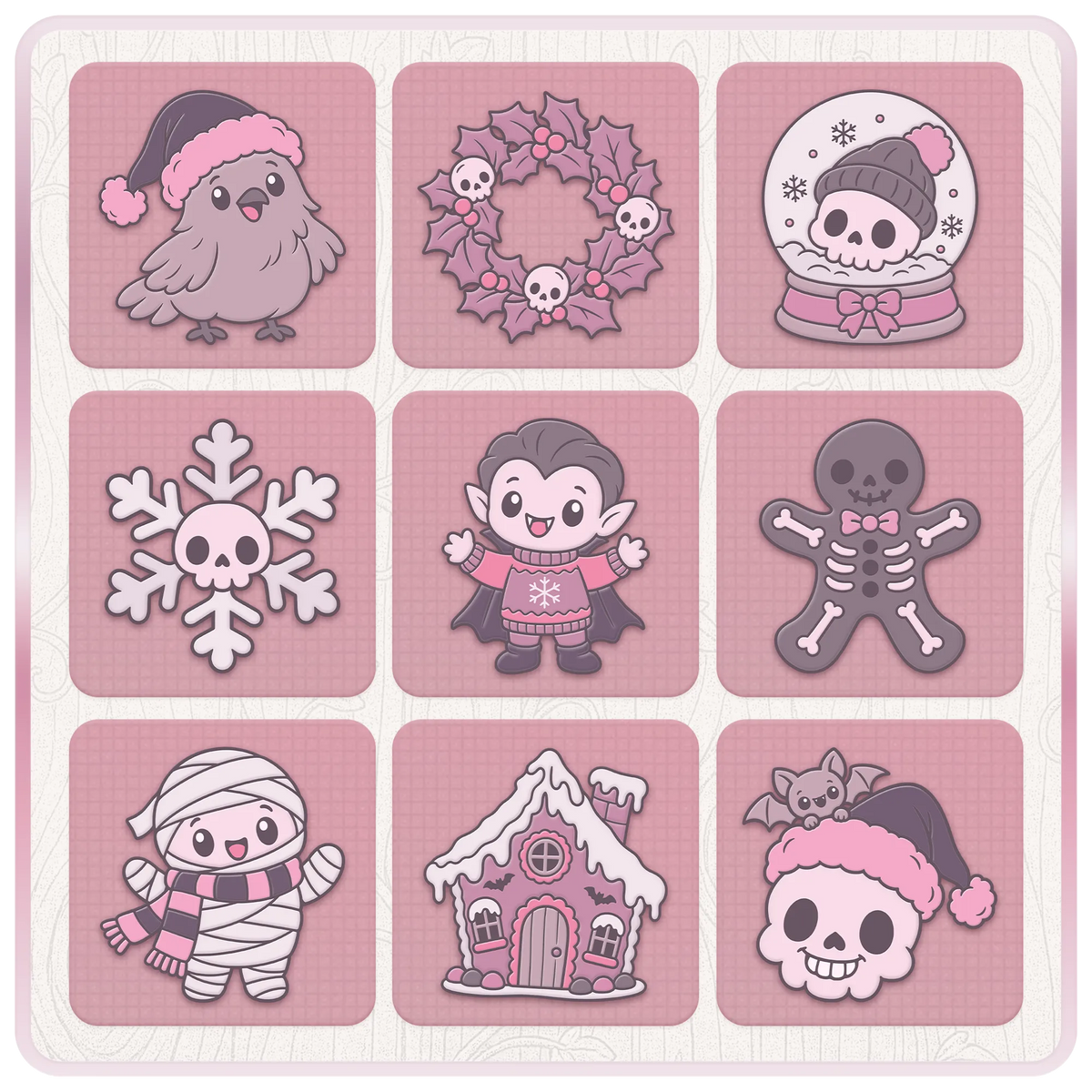 Cute gothic Christmas SVG clipart featuring a vampire, Christmas skeleton, mummy, skull wreath, spooky snow globe and festive gingerbread house.