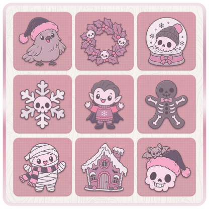 Cute gothic Christmas SVG clipart featuring a vampire, Christmas skeleton, mummy, skull wreath, spooky snow globe and festive gingerbread house.