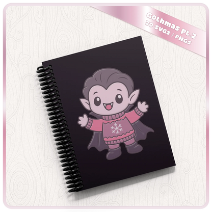 Cute gothic Christmas vampire wearing a festive jumper on a black spiral notebook, showcasing a Gothmas SVG and PNG design for personalised gifts.