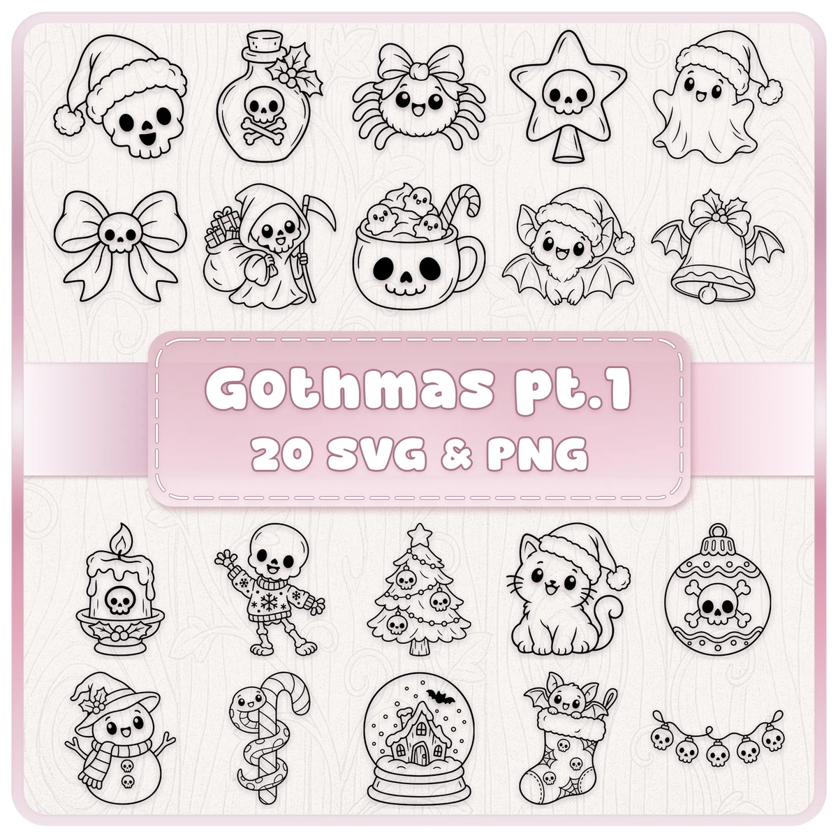 Gothmas Part One Christmas SVG and PNG bundle featuring 20 cute gothic line art designs including skulls, ghosts, skeletons, bats and festive ornaments.