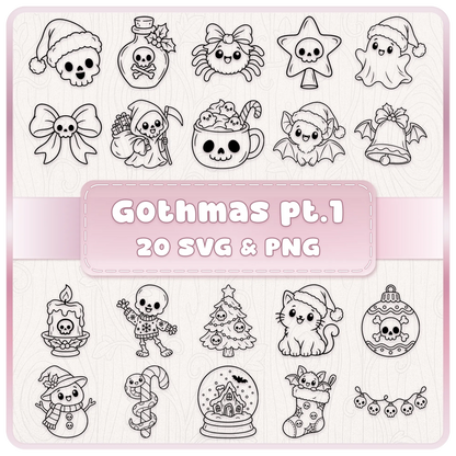 Gothmas Part One Christmas SVG and PNG bundle featuring 20 cute gothic line art designs including skulls, ghosts, skeletons, bats and festive ornaments.