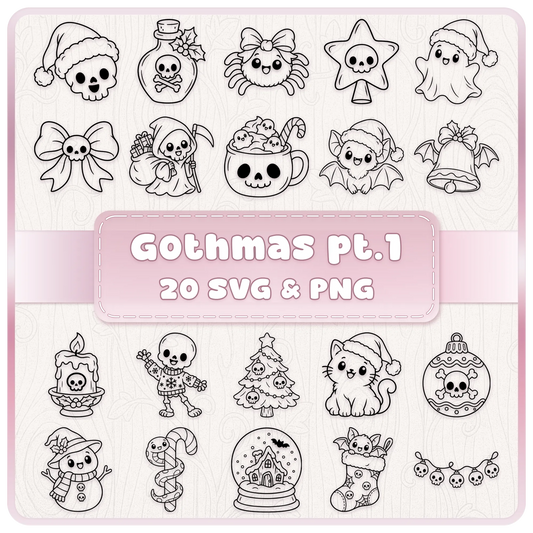 Gothmas Part One Christmas SVG and PNG bundle featuring 20 cute gothic line art designs including skulls, ghosts, skeletons, bats and festive ornaments.