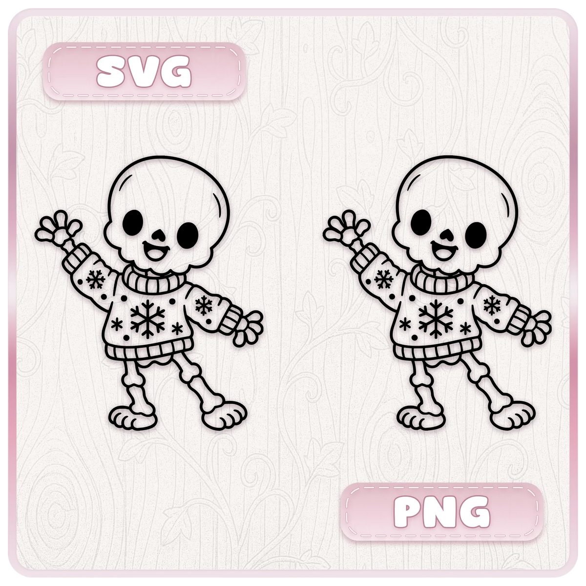 Cute Christmas skeleton wearing a snowflake jumper shown as an SVG and PNG design from the Gothmas gothic Christmas line art bundle.
