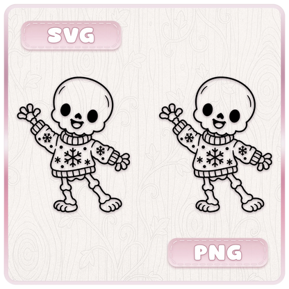 Cute Christmas skeleton wearing a snowflake jumper shown as an SVG and PNG design from the Gothmas gothic Christmas line art bundle.