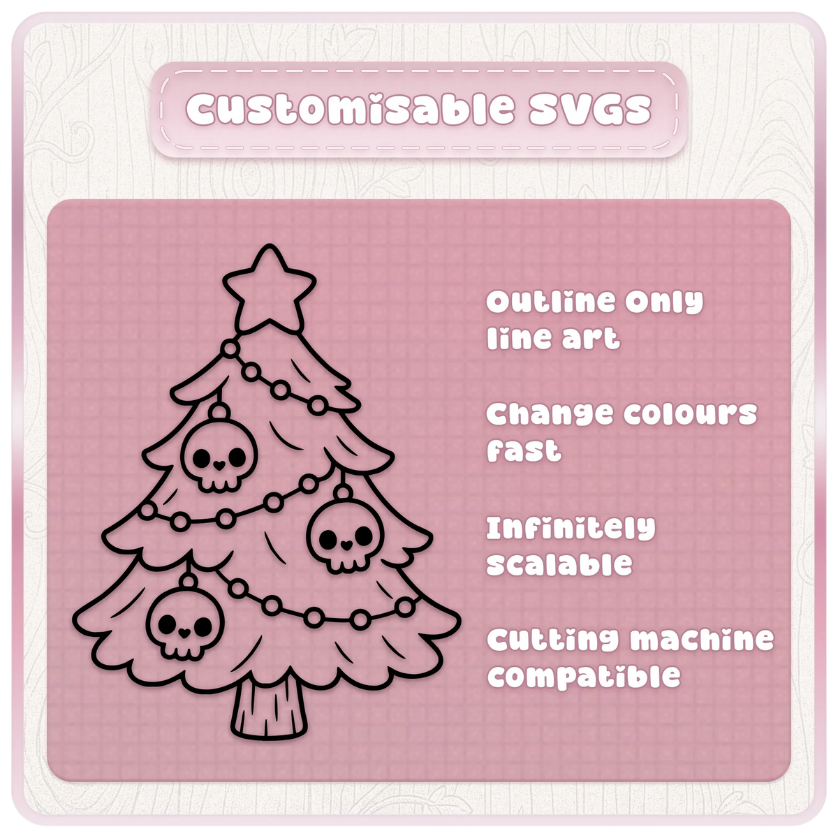 Gothic Christmas tree SVG with skull ornaments demonstrating customisable Christmas line art for Cricut cutting machines and festive DIY crafts.