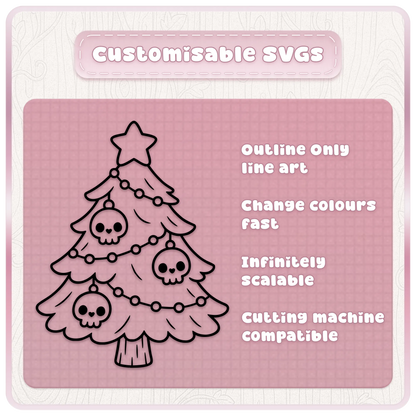 Gothic Christmas tree SVG with skull ornaments demonstrating customisable Christmas line art for Cricut cutting machines and festive DIY crafts.