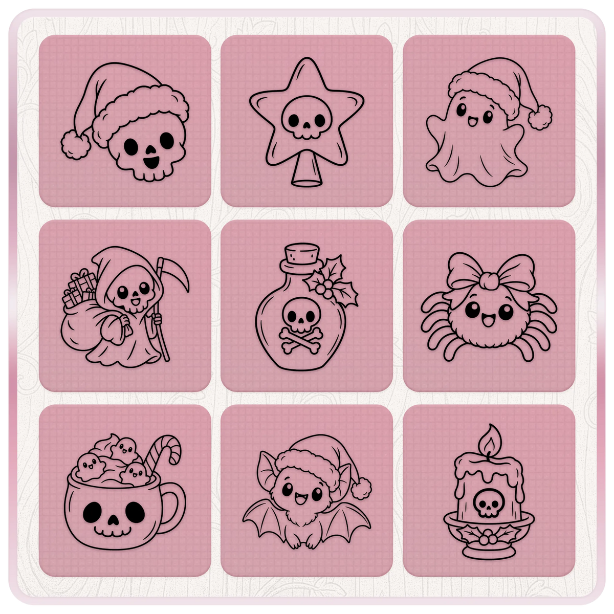 Nine cute Gothmas Christmas SVG designs featuring a Santa skull, ghost, Grim Reaper, spider, potion bottle, bat, festive mug, candle and skull star.