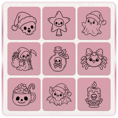 Nine cute Gothmas Christmas SVG designs featuring a Santa skull, ghost, Grim Reaper, spider, potion bottle, bat, festive mug, candle and skull star.