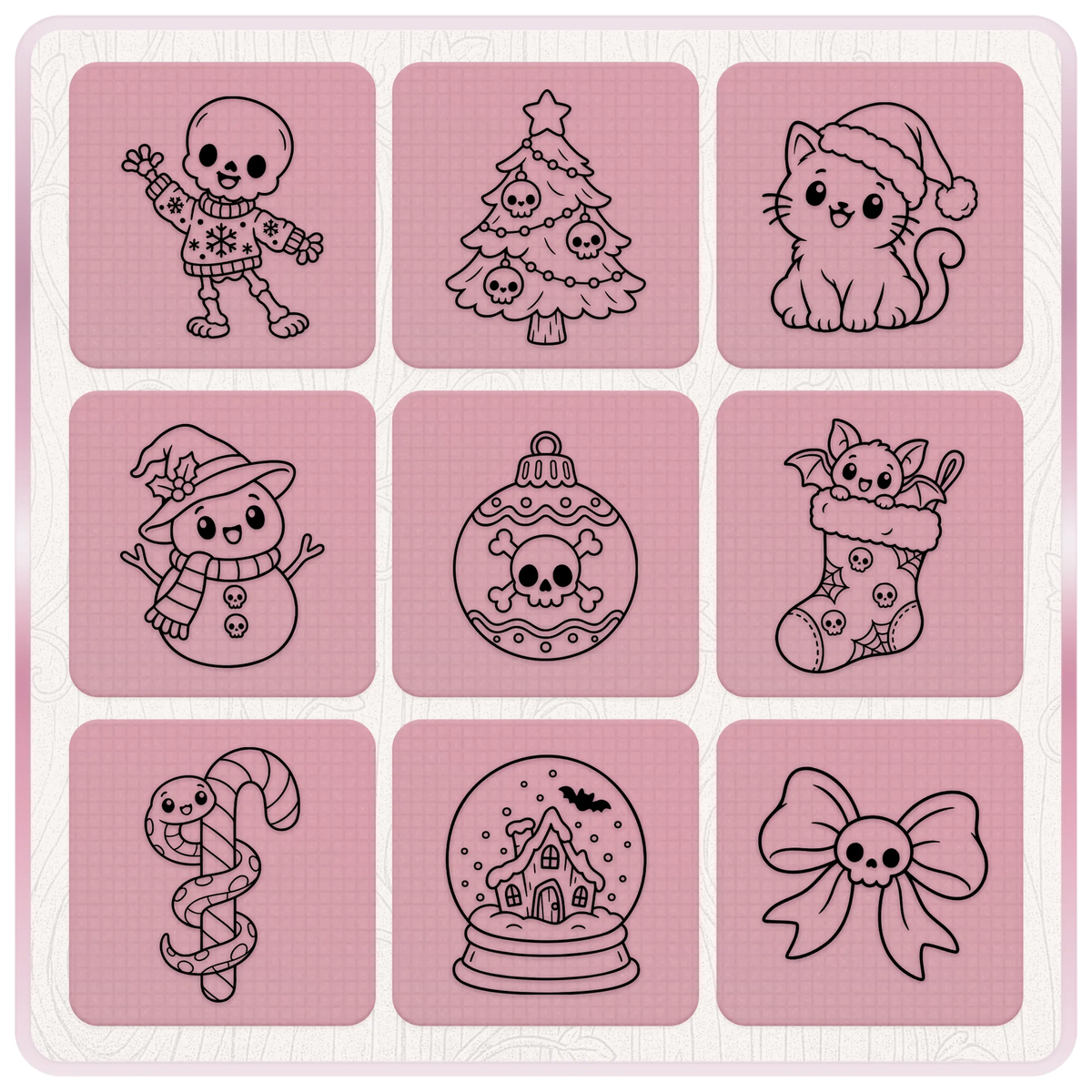 Nine spooky cute Christmas line art illustrations including a skeleton, skull Christmas tree, Santa cat, snowman, skull bauble, bat stocking and snow globe.