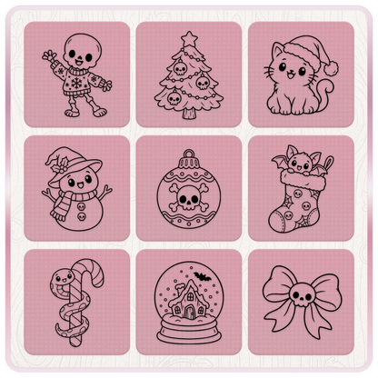 Nine spooky cute Christmas line art illustrations including a skeleton, skull Christmas tree, Santa cat, snowman, skull bauble, bat stocking and snow globe.