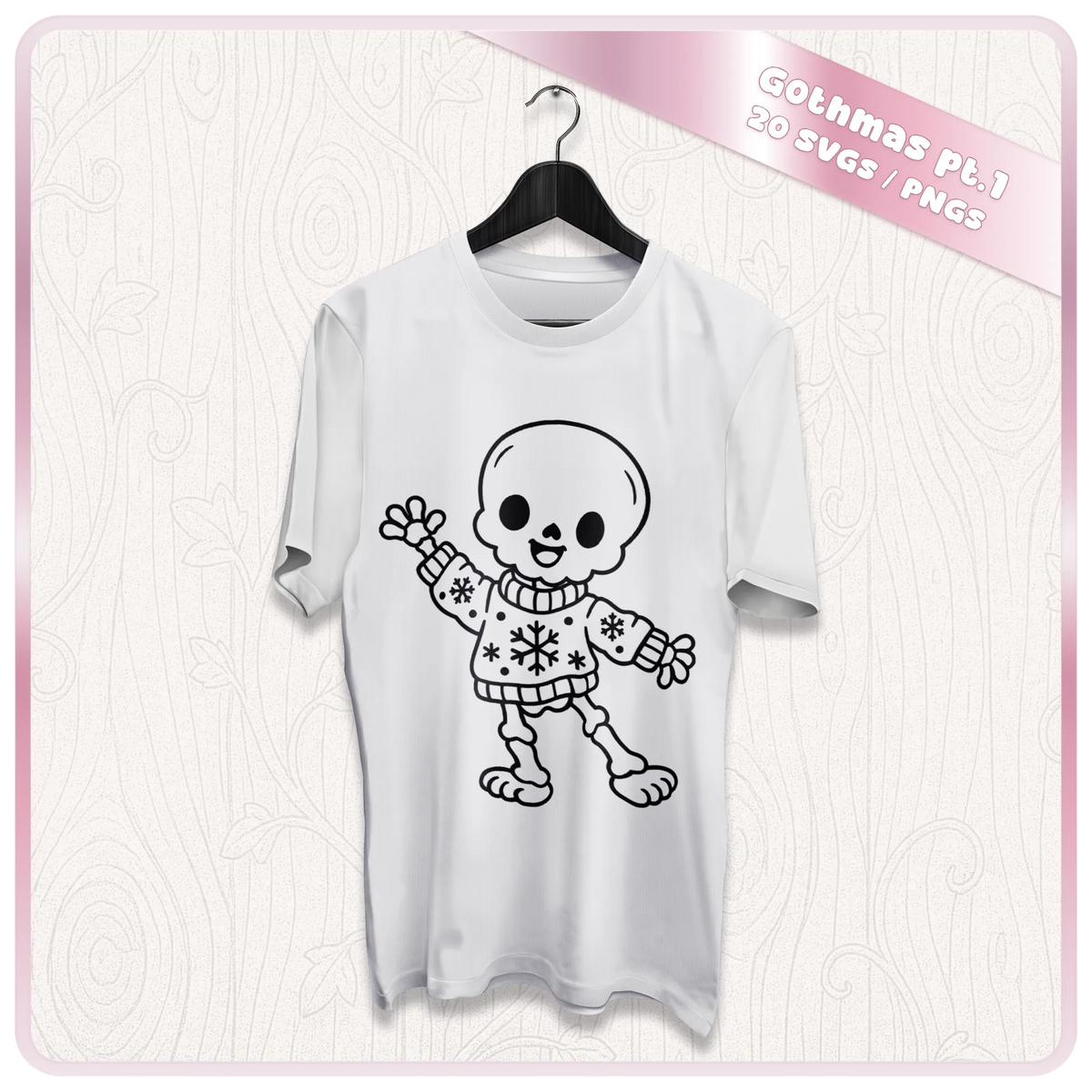 White Christmas T-shirt featuring a cute skeleton wearing a festive snowflake jumper from the Gothmas Gothic Christmas SVG and PNG clipart collection.