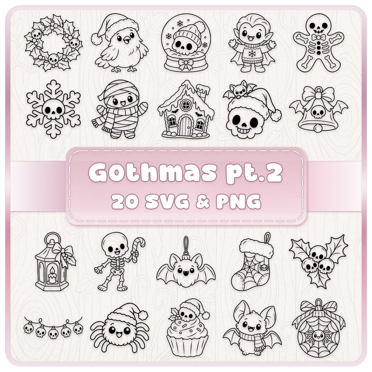 Gothmas Part Two bundle of 20 cute spooky Christmas SVG and PNG line art designs featuring skulls, skeletons, bats and festive clipart.