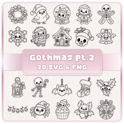 Gothmas Part Two bundle of 20 cute spooky Christmas SVG and PNG line art designs featuring skulls, skeletons, bats and festive clipart.