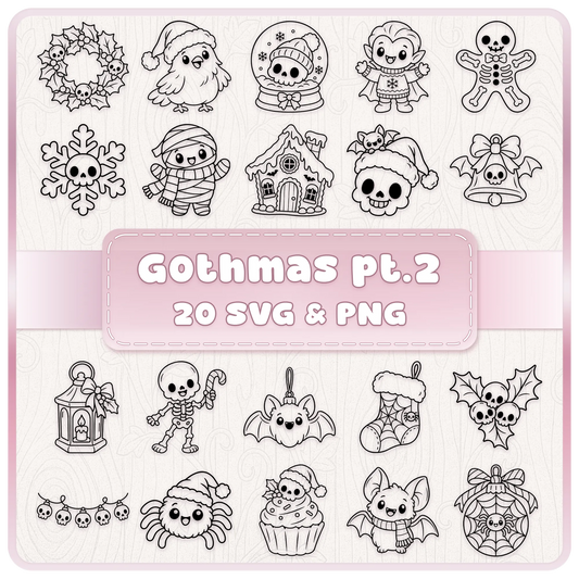 Gothmas Part Two bundle of 20 cute spooky Christmas SVG and PNG line art designs featuring skulls, skeletons, bats and festive clipart.