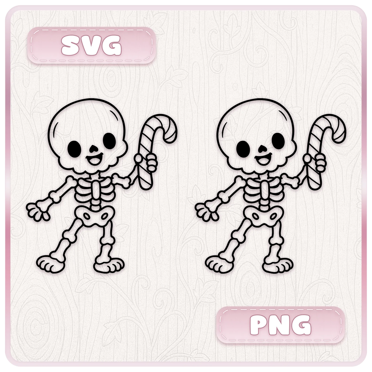 Cute Christmas skeleton holding a candy cane, shown as SVG and PNG black outline clipart for spooky festive crafts.