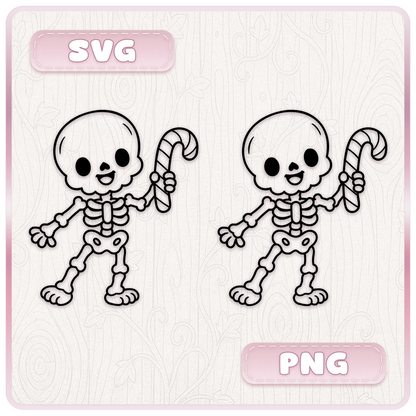 Cute Christmas skeleton holding a candy cane, shown as SVG and PNG black outline clipart for spooky festive crafts.