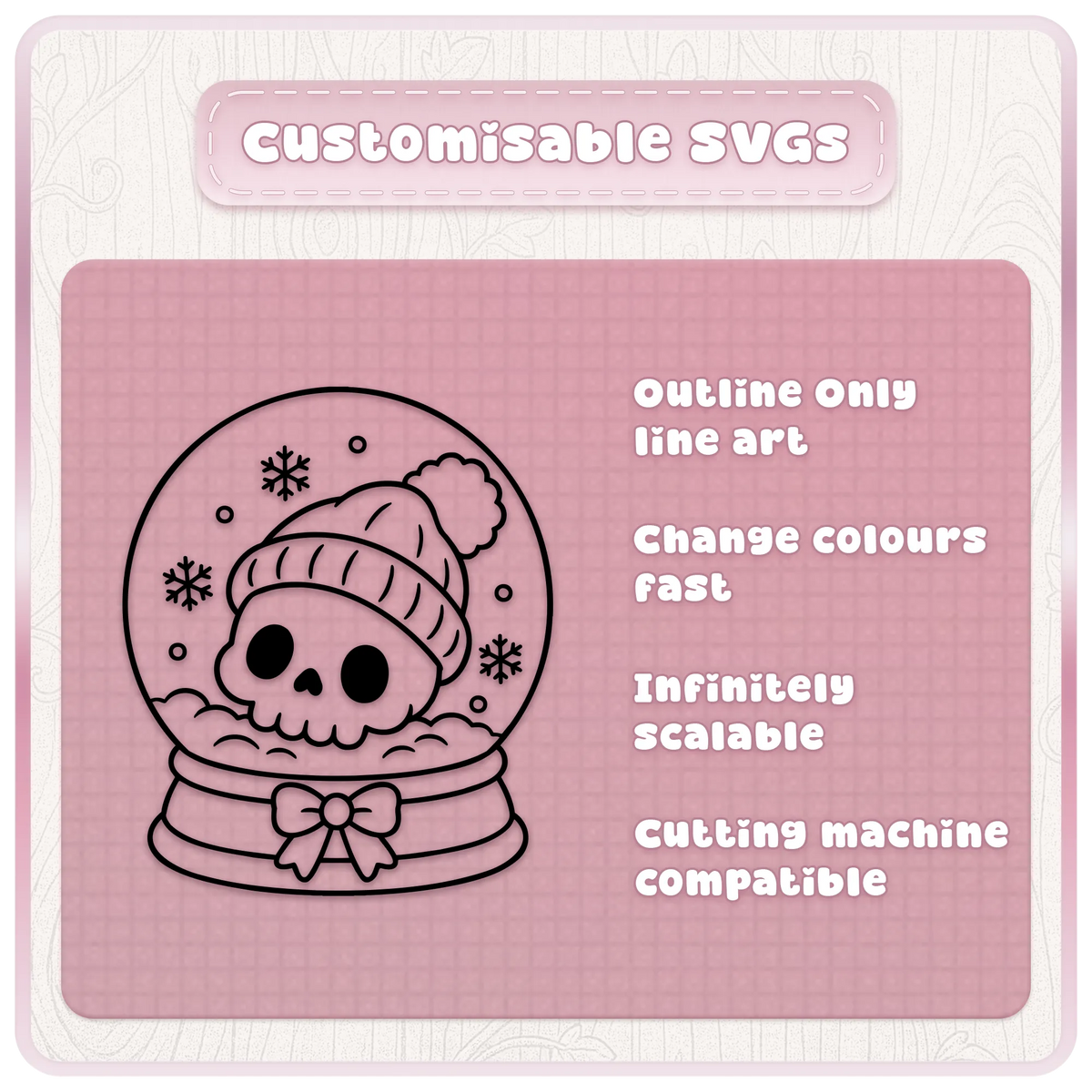 Gothic Christmas snow globe SVG with a cute Santa hat skull, showing scalable black outline line art for cutting machine crafts.